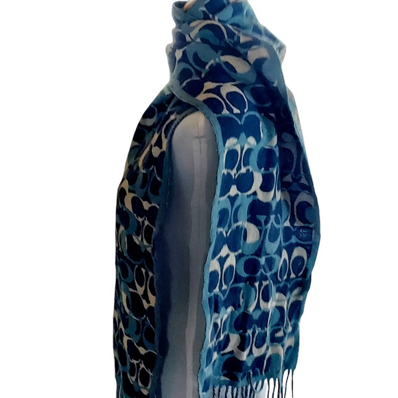 Coach Blues Monogram 100% Merino Wool Oversized‎ Scarf Muffler with fringe - Picture 3 of 15